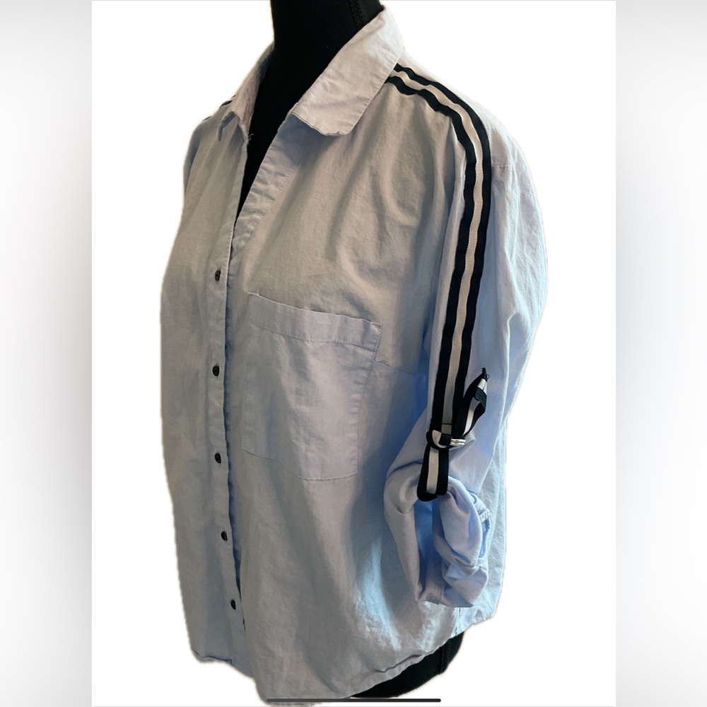 Dex Button Down V Neck Light Blue Shirt with Black Accents